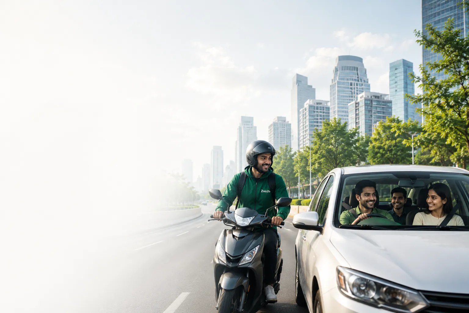 A scooter rider beside a shared car on a city road